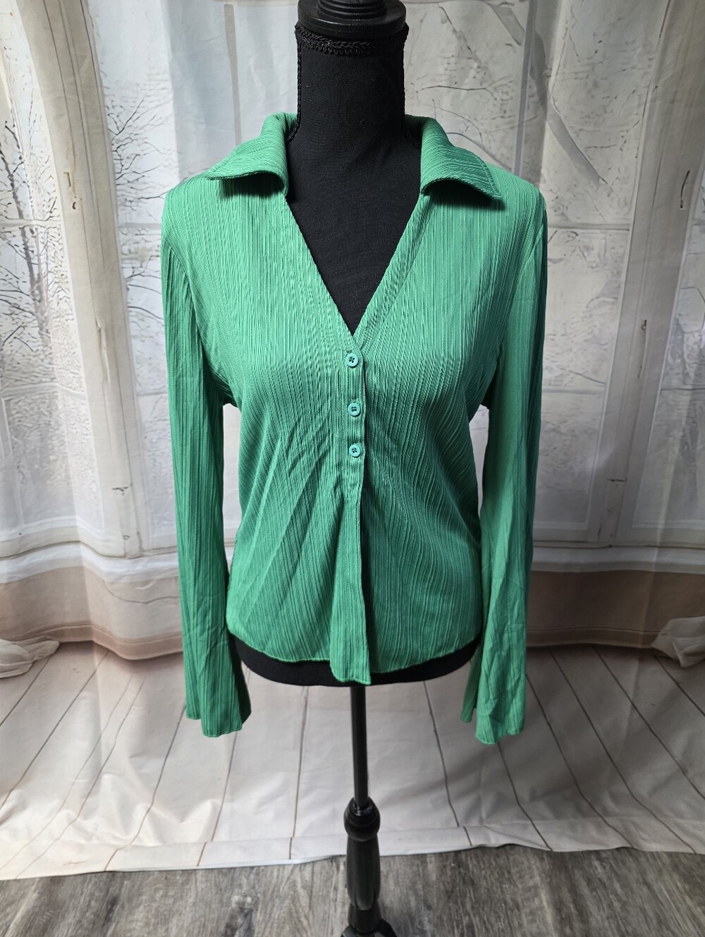 Kohl's Emerald Green Ribbed Button-Front Women's Shirt And Pants